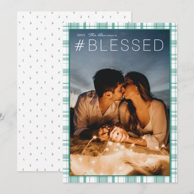 Cartes Pour Fêtes Annuelles Hashtag #BLESSED Plaid Turquoise Vertical (Devant / Derrière)