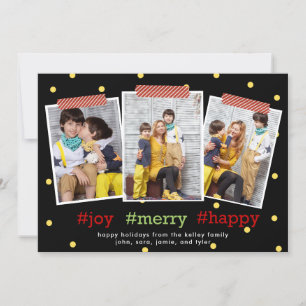 Cartes Pour Fêtes Annuelles Hashtag Holidays, Joy Joyy Happy, Trois photos