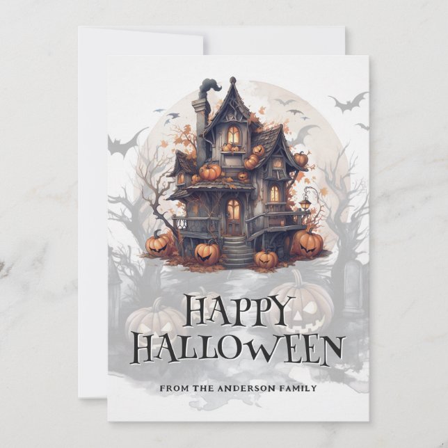 Cartes Pour Fêtes Annuelles Hauned House Bats Citrouilles Happy Halloween (Devant)