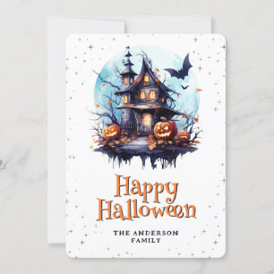 Cartes Pour Fêtes Annuelles Haunted House Bats Lune Jack O’Lanterns Halloween