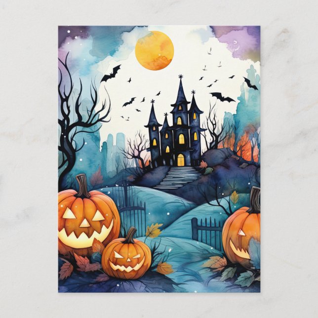 Cartes Pour Fêtes Annuelles Haunted Mansion Jack O’Lantern Bats Halloween (Devant)