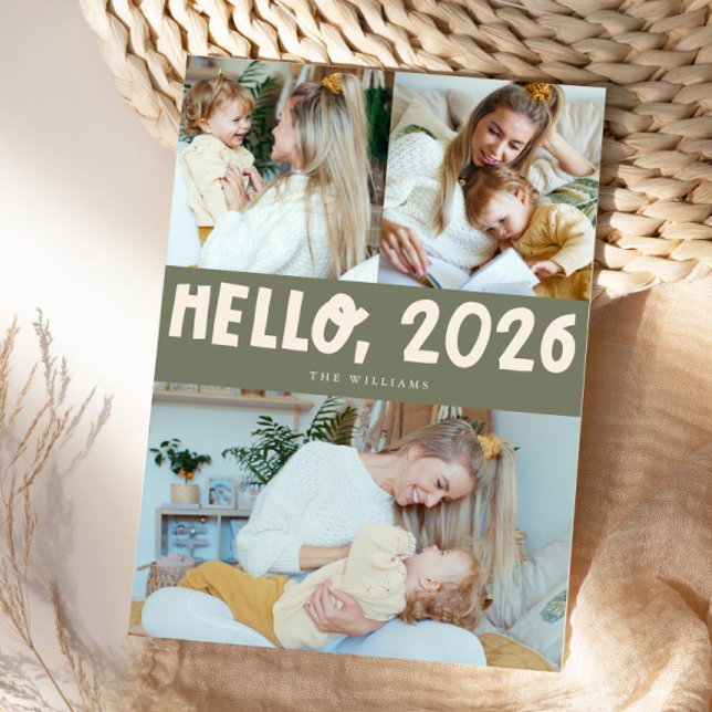 Cartes Pour Fêtes Annuelles Hello 2026 Typography Sage Green Photo (Créateur téléchargé)