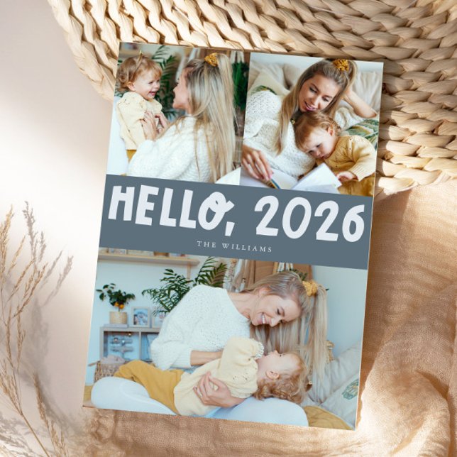 Cartes Pour Fêtes Annuelles Hello 2026 Typography Slate Blue Photo (Créateur téléchargé)