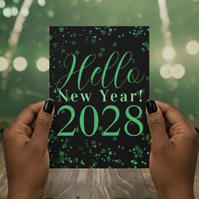 Cartes Pour Fêtes Annuelles Hello New Year! Happy New Year Green Black Sparkle (Créateur téléchargé)