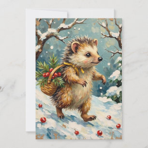 Cartes Pour Fêtes Annuelles Hérisson vintage avec panier de baies de Noël