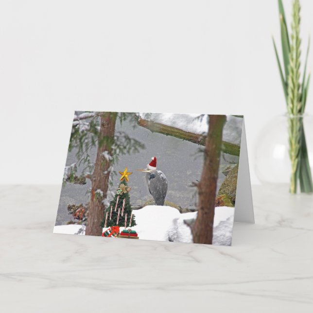 Cartes Pour Fêtes Annuelles Heron de Noël en photo de neige (Devant)