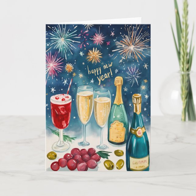 Cartes Pour Fêtes Annuelles HEUREUSE NOUVELLE ANNÉE Aquarelle Bubbly Fireworks (Devant)