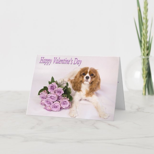 Cartes Pour Fêtes Annuelles Heureuse Sainte-Valentin Purple Roses et chiot (Devant)