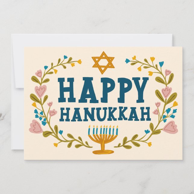 Cartes Pour Fêtes Annuelles HEUREUX HANOUKKA Floral Wreath Menorah photos pers (Devant)
