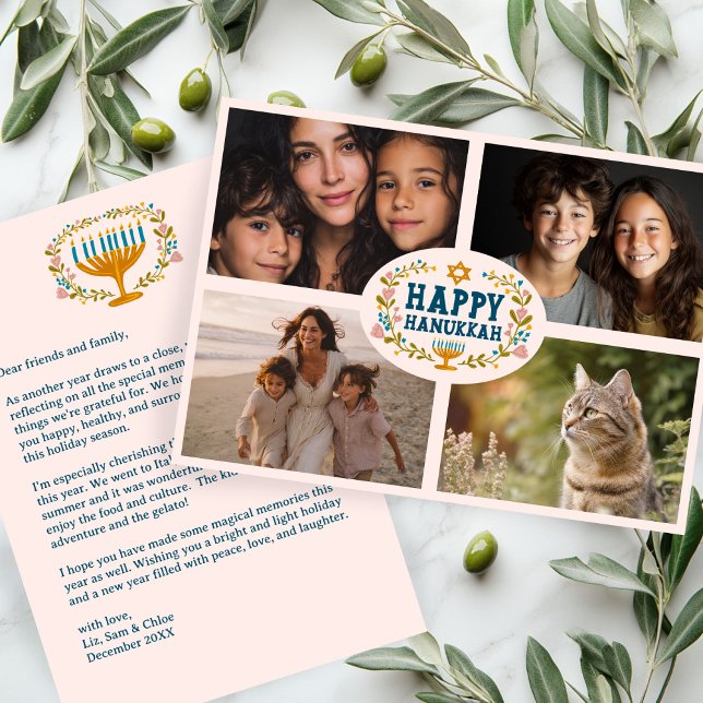 Cartes Pour Fêtes Annuelles HEUREUX HANOUKKA Floral Wreath Menorah photos pers (HAPPY HANUKKAH Floral Wreath Menorah Custom Photos Holiday Card
)