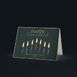 Cartes Pour Fêtes Annuelles Heureux Hanoukka Menorah bougies vierges<br><div class="desc">Ces cartes de voeux Hanoukka pliées de 7" x 5" ont un espace réservé pour un nom de famille et une année. Le design est neuf bougies menorah dessinées à la main avec le salut,  "Happy Hanoukka". L'intérieur est vide.</div>