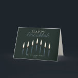 Cartes Pour Fêtes Annuelles Heureux Hanoukka Menorah bougies vierges<br><div class="desc">Ces cartes de voeux Hanoukka pliées de 7" x 5" ont un espace réservé pour un nom de famille et une année. Le design est neuf bougies menorah dessinées à la main avec le salut,  "Happy Hanoukka". L'intérieur est vide.</div>