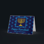 Cartes Pour Fêtes Annuelles HEUREUX HANOUKKA Menorah Dreidel Personnalisé<br><div class="desc">Carte de voeux élégante pour célébrer HANOUKKA. Arrière - plan bleu foncé avec motif dreidel bleu cyan et typographie. Le texte de l'espace réservé sur le capot et à l'intérieur des salutations sont personnalisables, de sorte que vous pouvez ajouter votre nom et modifier le message. Une partie de la collection...</div>