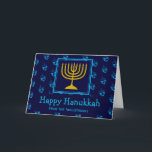 Cartes Pour Fêtes Annuelles HEUREUX HANOUKKA Menorah Dreidel Personnalisé<br><div class="desc">Carte de voeux élégante pour célébrer HANOUKKA. Arrière - plan bleu foncé avec motif dreidel bleu cyan et typographie. Le texte de l'espace réservé sur le capot et à l'intérieur des salutations sont personnalisables, de sorte que vous pouvez ajouter votre nom et modifier le message. Une partie de la collection...</div>