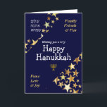 Cartes Pour Fêtes Annuelles HEUREUX HANOUKKA Peace Love Stars HEBREW<br><div class="desc">HANOUKKA GREETING CARD élégant bleu et or pour souhaiter à votre famille et à vos amis un Happy Hanoukka, qui dit SOUHAITER UN TRÈS HEUREUX HANOUKKA dans la typographie blanche avec FAMILY, AMIS & FUN et PAIX, LOVE & JOY dans la typographie couleur or dans les coins. PEACE, LOVE, JOY...</div>