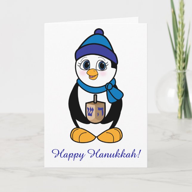 Cartes Pour Fêtes Annuelles Heureux Hanoukka Penguin et Dreidel (Devant)