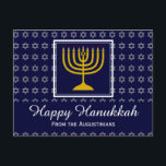 Cartes Pour Fêtes Annuelles HEUREUX HANOUKKA Star de David Menorah Personnalis<br><div class="desc">Carte postale de voeux élégante pour célébrer HANOUKKA. Arrière - plan bleu foncé avec l'étoile argentée de David et la typographie blanche. Le texte de l'espace réservé sur l'accueil avant et inversé est personnalisable, vous pouvez donc ajouter votre nom et modifier le message. Une partie de la collection FESTIVE STARS...</div>