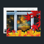 Cartes Pour Fêtes Annuelles Heureux Hanoukka ! Thème Automne<br><div class="desc">Bonne Hanoukka. Tableau de la fenêtre d'automne avec Star of David Ornaments Hanoukka personnalisable Cartes postales. Cartes et cadeaux correspondants disponibles dans la catégorie Fêtes juives / Hanoukka de notre magasin.</div>