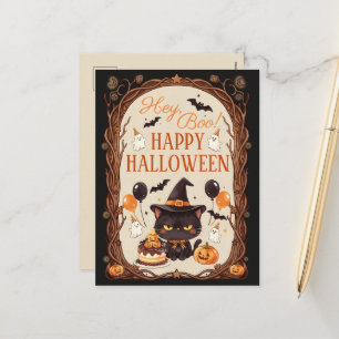 Cartes Pour Fêtes Annuelles Hey Boo Spooky Mignon Chat Noir Sorcière Halloween