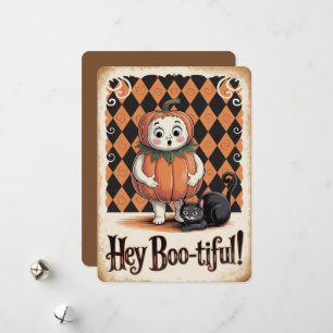 Cartes Pour Fêtes Annuelles "Hey Boo-tiful !" Chat noir Citrouille mignon Hall