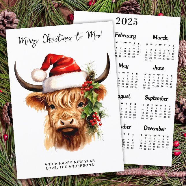 Cartes Pour Fêtes Annuelles Highland Cow 2025 Calendrier Festive Joyeux Noël (Créateur téléchargé)