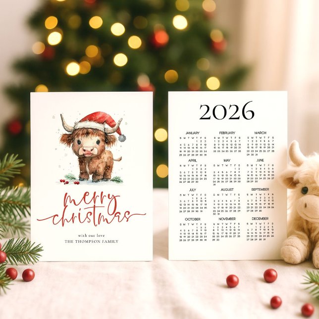 Cartes Pour Fêtes Annuelles Highland Cow 2026 Calendrier Joyeux Noël (View of each side)