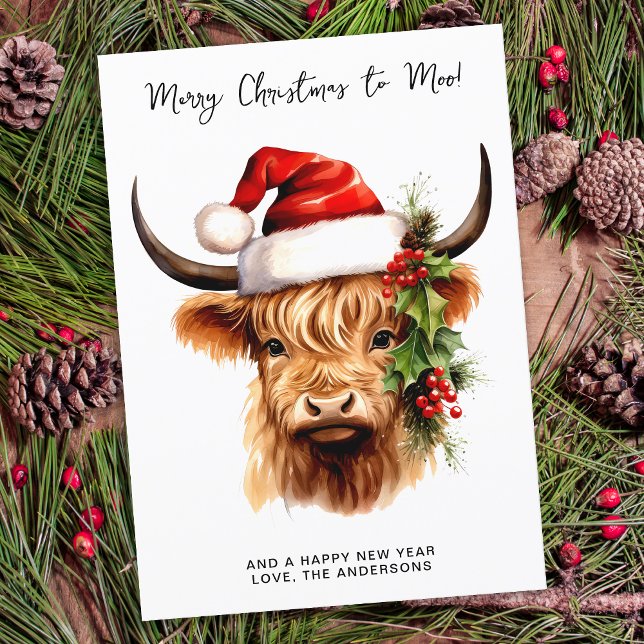 Cartes Pour Fêtes Annuelles Highland Cow Festive Farm Joyeux Noël à MOO (Créateur téléchargé)
