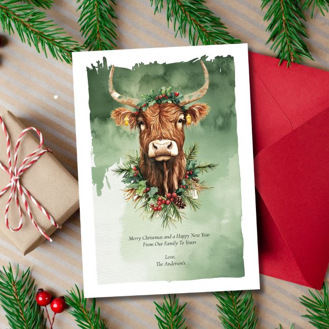 Cartes Pour Fêtes Annuelles Highland Cow Funny Mignonne Aquarelle Noël (Highland Cow Funny Cute Christmas Holiday Card. Digital Download or Printed)