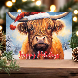 Cartes Pour Fêtes Annuelles Highland Cow Santa Hat Joli Noël