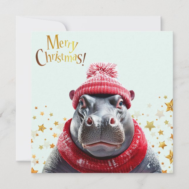 Cartes Pour Fêtes Annuelles Hippo Joyeux Noël chapeau et écharpe de Père Noël (Devant)