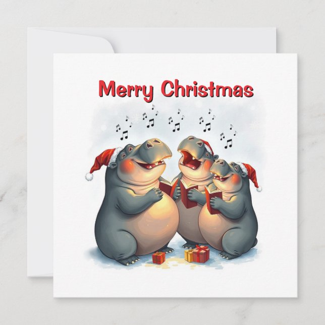 Cartes Pour Fêtes Annuelles Hippo Mignon et Fantaisiste Chantant Noël en Hiver (Devant)
