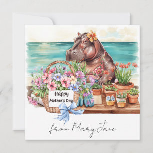 Cartes Pour Fêtes Annuelles Hippopotame avec panier de fleurs pour la fête des