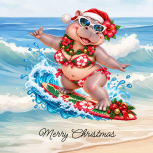 Cartes Pour Fêtes Annuelles Hippopotame de surf de Noël en bikini sur planche 