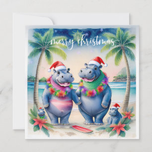 Cartes Pour Fêtes Annuelles Hippopotame d'Hawaï célébrant Noël à la plage