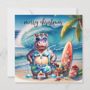 Cartes Pour Fêtes Annuelles Hippopotame d'Hawaii célébrant Noël à la plage 