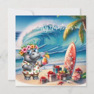 Cartes Pour Fêtes Annuelles Hippopotame d'Hawaii célébrant Noël à la plage 