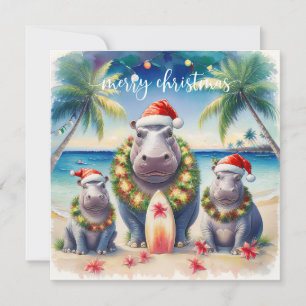 Cartes Pour Fêtes Annuelles Hippopotame d'Hawaii célébrant Noël à la plage