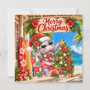 Cartes Pour Fêtes Annuelles Hippopotame d'Hawaii célébrant Noël à la plage 