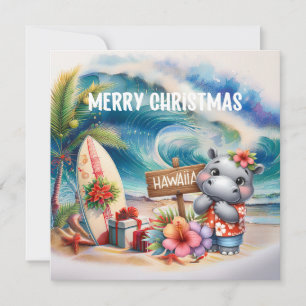Cartes Pour Fêtes Annuelles Hippopotame d'Hawaii célébrant Noël à la plage