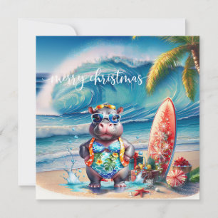 Cartes Pour Fêtes Annuelles Hippopotame d'Hawaii célébrant Noël à la plage
