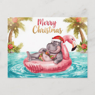 Cartes Pour Fêtes Annuelles Hippopotame en Bikini à la fête au bord de la pisc