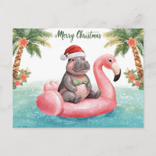 Cartes Pour Fêtes Annuelles Hippopotame en Bikini à la Fête de Noël au Piscine