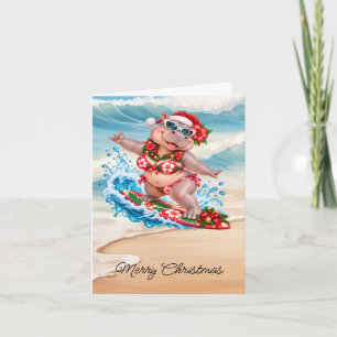 Cartes Pour Fêtes Annuelles Hippopotame en bikini faisant du surf à Noël sur u