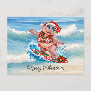 Cartes Pour Fêtes Annuelles Hippopotame en bikini faisant du surf à Noël sur u
