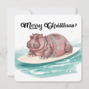 Cartes Pour Fêtes Annuelles Hippopotame en bikini faisant du surf Noël