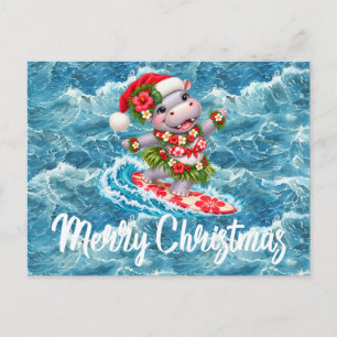 Cartes Pour Fêtes Annuelles Hippopotame hawaïen en bikini Noël sur planche de