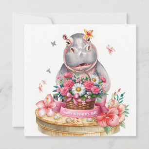Cartes Pour Fêtes Annuelles Hippopotame Joyeuse fête des mères avec panier de