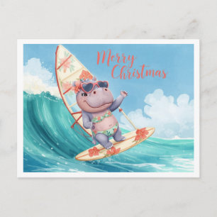 Cartes Pour Fêtes Annuelles Hippopotame surfeur sur planche de surf pendant le