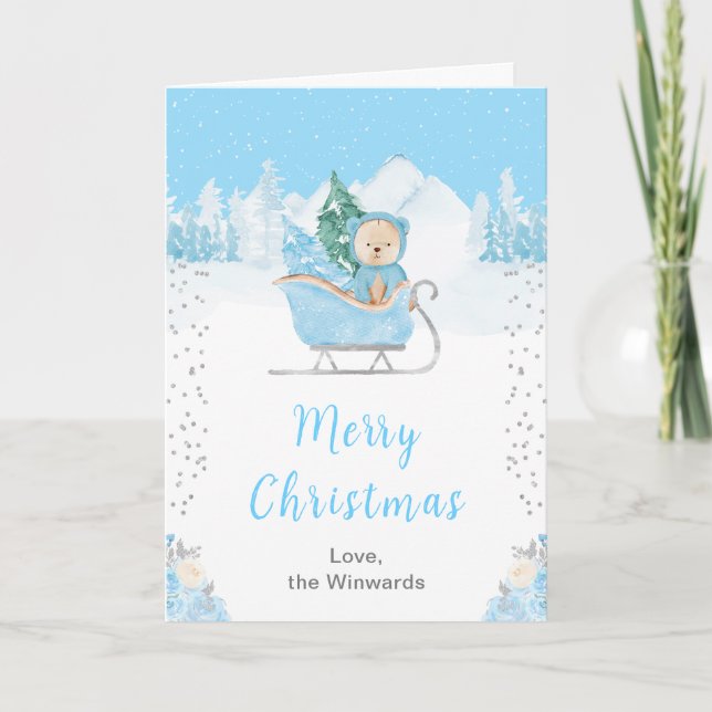 Cartes Pour Fêtes Annuelles Hiver Bear Bleu Sleigh Joyeux Noël (Devant)