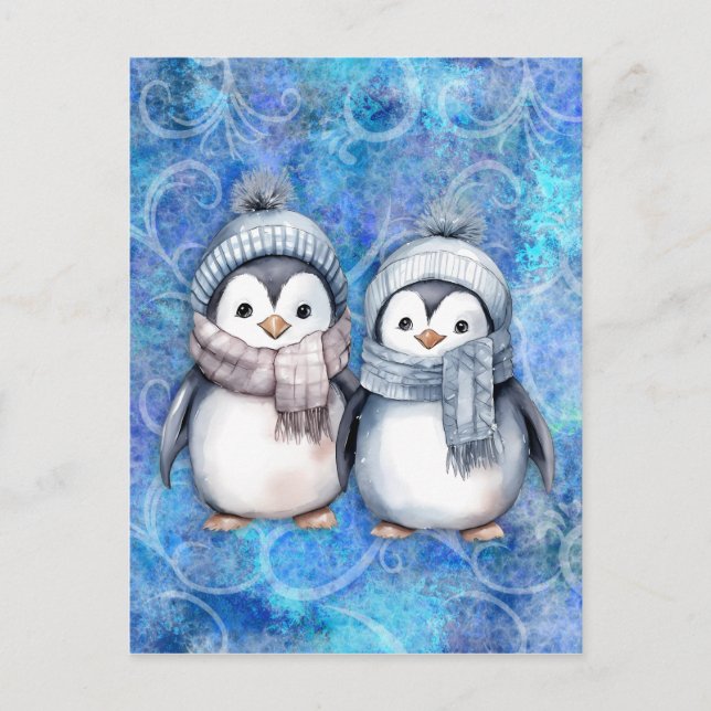 Cartes Pour Fêtes Annuelles Hiver Bleu Aquarelle Pingouins Écarts Casquette (Devant)